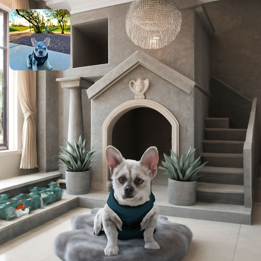A charming little French Bulldog puppy with blue eyes and a speckled coat sits attentively on a concrete path in a sunlit park, wearing a dark harness. The background is softly blurred with greenery and trees, capturing a peaceful outdoor moment.
