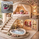 A fluffy small dog with a freshly groomed coat and a bright pink bandana adorned with bone and paw prints looks up adorably from a wooden floor, ready for its close-up or maybe a treat.