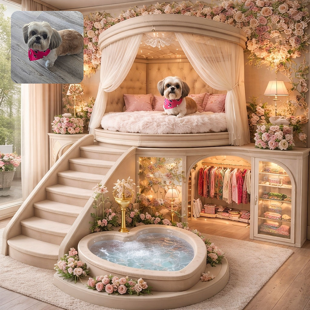 A fluffy small dog with a freshly groomed coat and a bright pink bandana adorned with bone and paw prints looks up adorably from a wooden floor, ready for its close-up or maybe a treat.