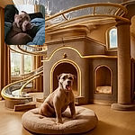 A cozy brown dog lounges on a blue blanket, giving the camera a soulful, slightly inquisitive look as if caught mid-thought during a lazy day indoors.