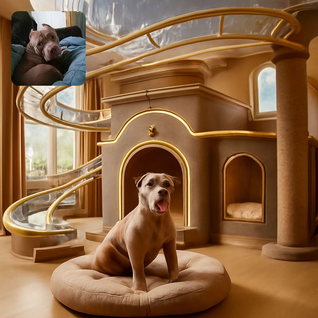 A cozy brown dog lounges on a blue blanket, giving the camera a soulful, slightly inquisitive look as if caught mid-thought during a lazy day indoors.