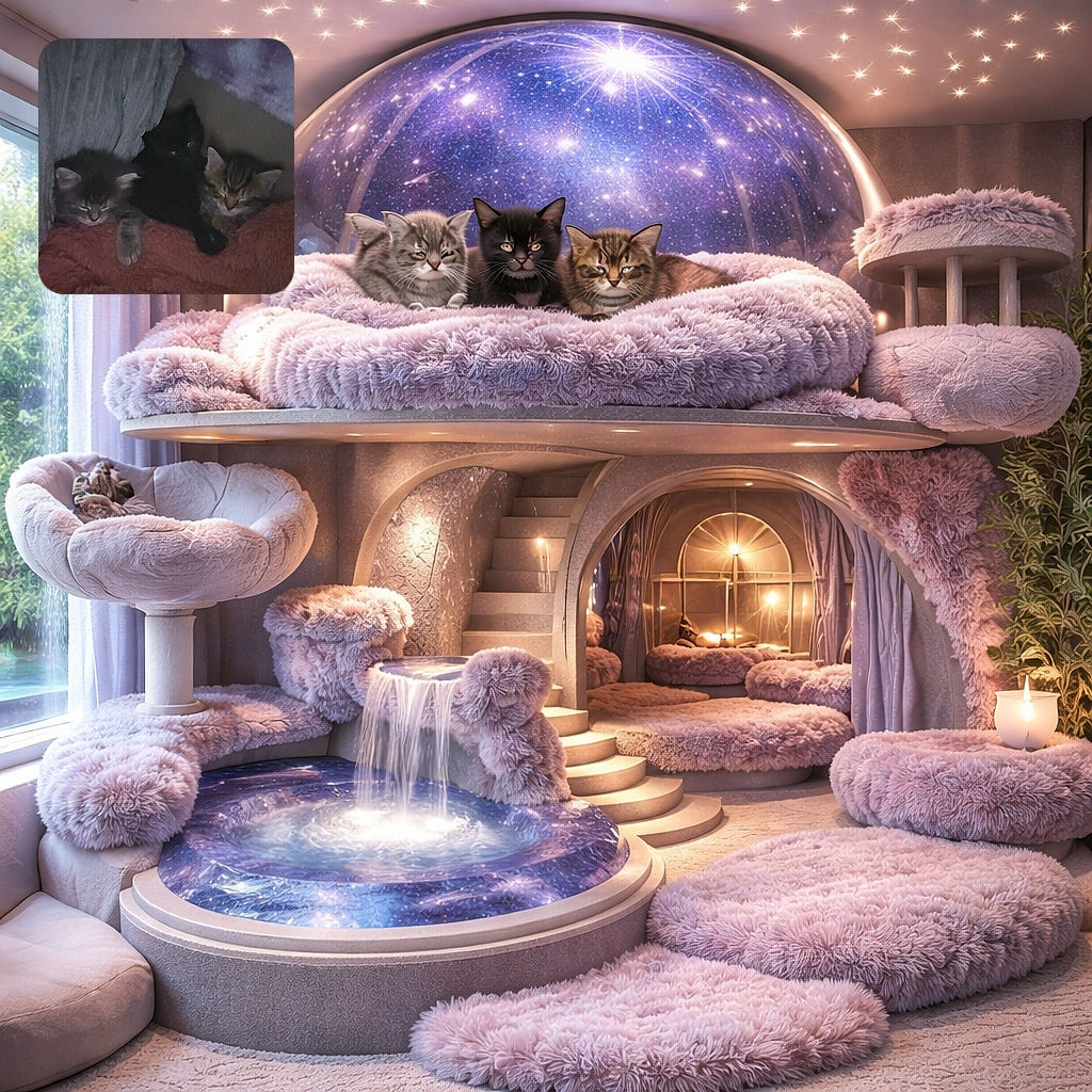 Three cozy kittens nestled together on a soft blanket in a dimly lit setting, with two tabby kittens flanking a black kitten whose eyes gleam mysteriously in the low light.