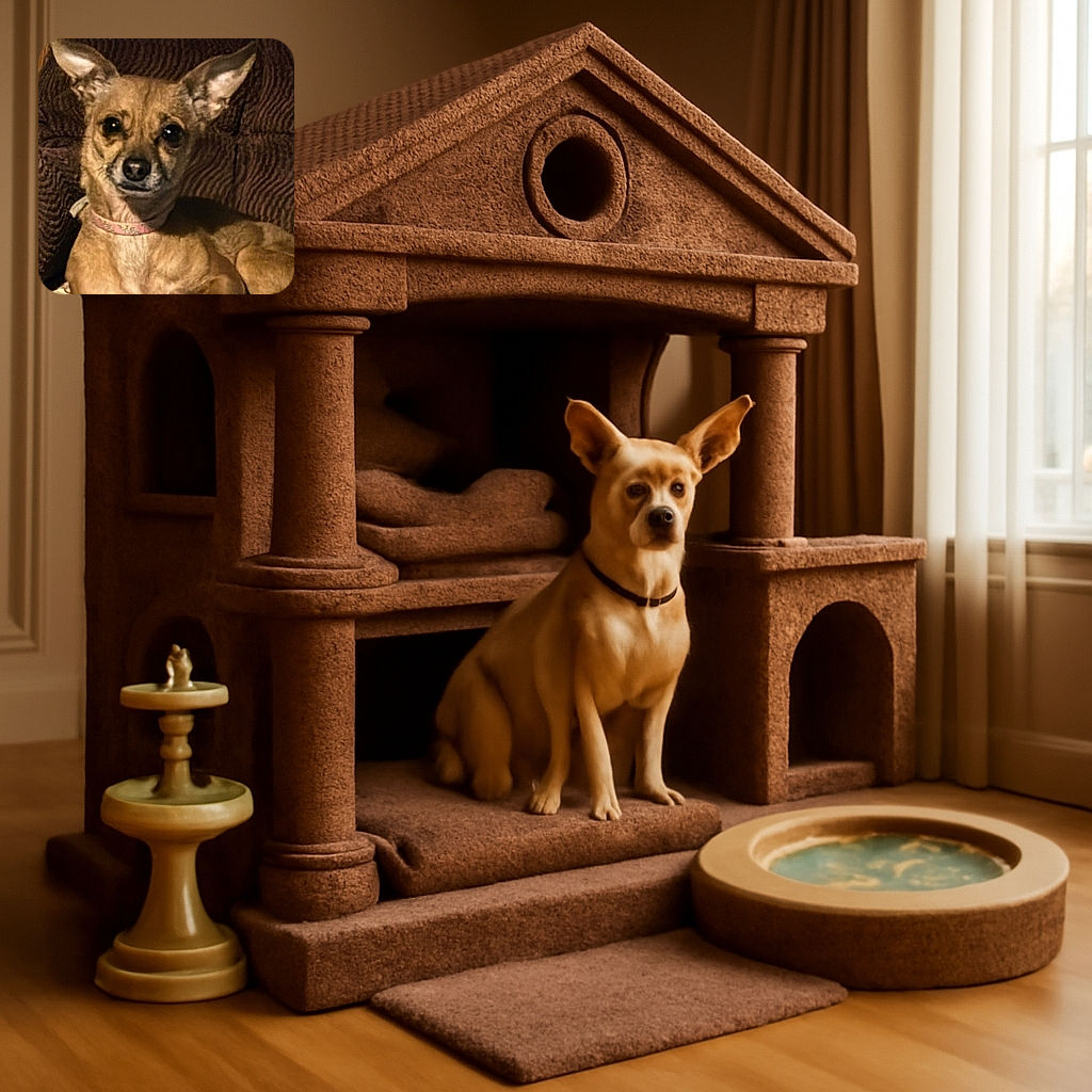 A small tan dog with large ears and a pink collar lounges on a textured brown couch, looking attentively at the camera with shiny eyes and a calm expression.