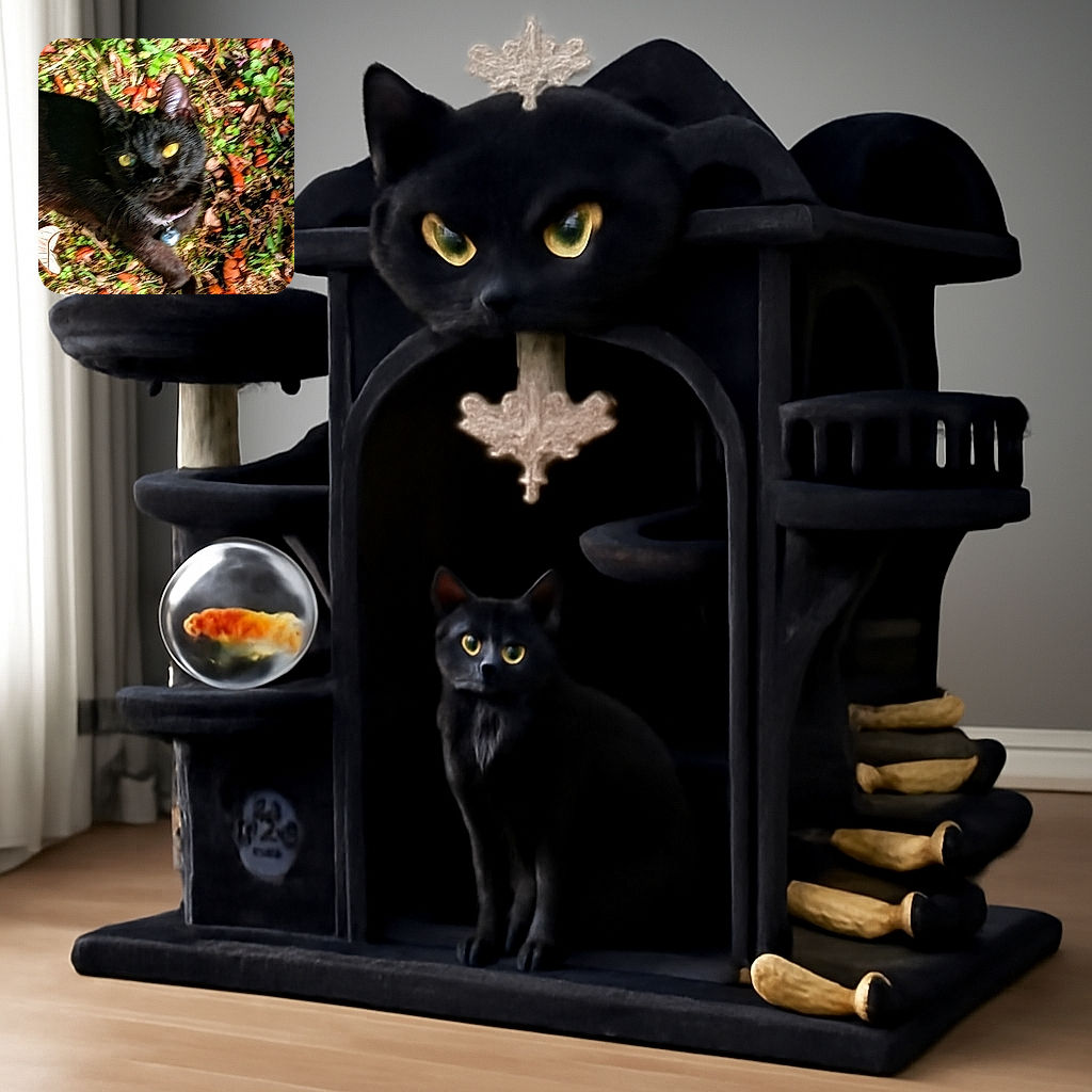 A slightly blurry black cat with glowing yellow eyes stands on a leafy ground, looking curiously up at the camera, its shiny collar bell catching some light amidst the scattered leaves and greenery.