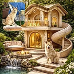 A fluffy cream-colored dog with piercing blue eyes sits regally on a tiled ledge, looking straight at the camera with a calm and composed expression. Behind it, a large potted plant, a blue tarp, and some garden tools create a casual backyard scene.