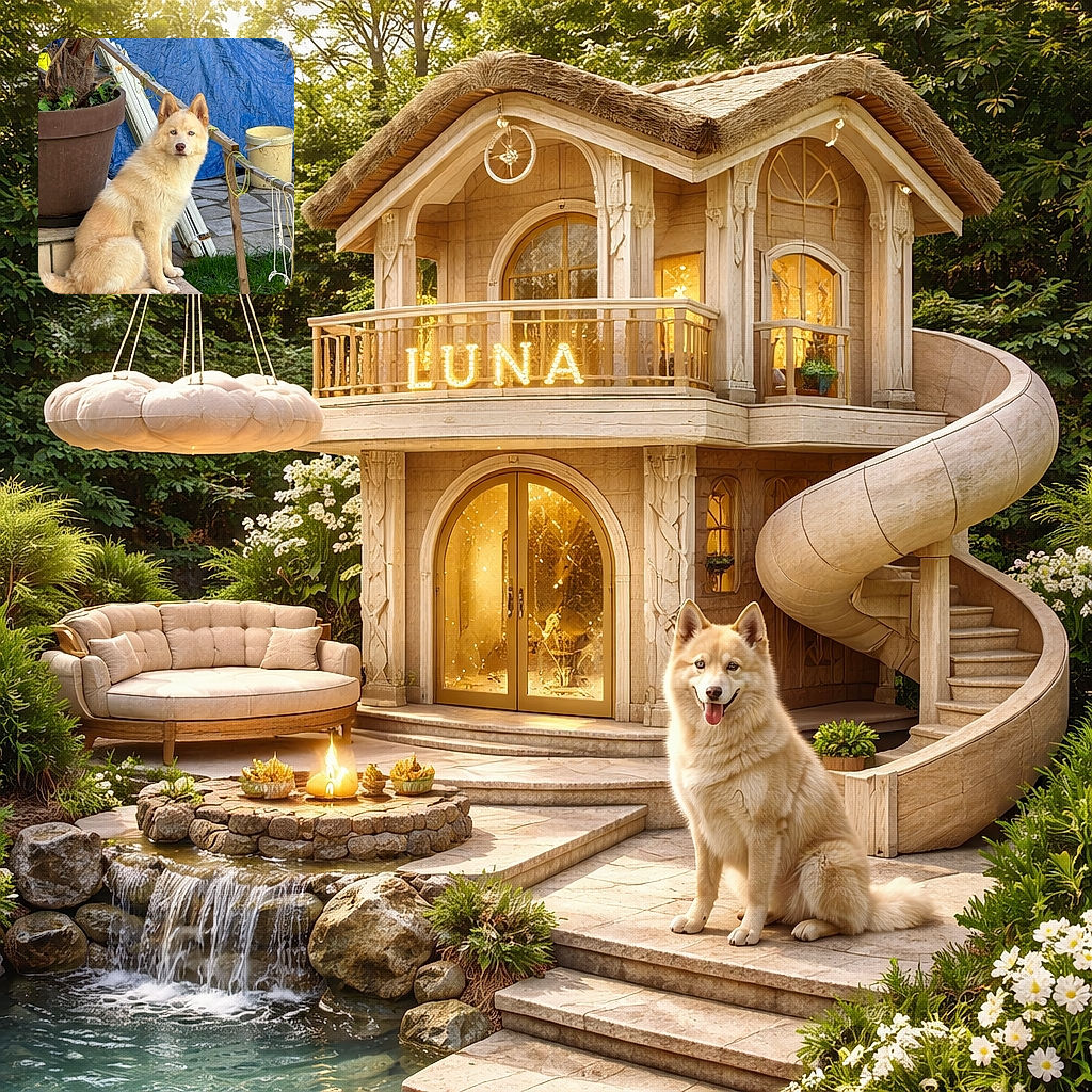 A fluffy cream-colored dog with piercing blue eyes sits regally on a tiled ledge, looking straight at the camera with a calm and composed expression. Behind it, a large potted plant, a blue tarp, and some garden tools create a casual backyard scene.