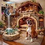 A close-up of a big, soulful dog with a shiny nose and expressive eyes, sitting comfortably on a colorful blanket in a cozy living room filled with warm yellow walls, framed photos, and a hanging dreamcatcher.