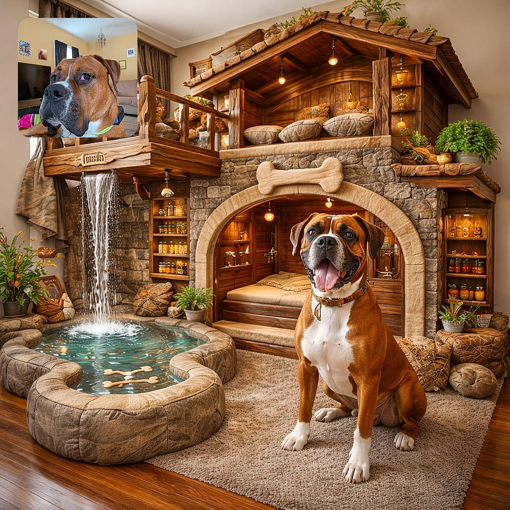 A close-up of a big, soulful dog with a shiny nose and expressive eyes, sitting comfortably on a colorful blanket in a cozy living room filled with warm yellow walls, framed photos, and a hanging dreamcatcher.