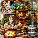 A fluffy tabby gives a world-weary, regal glare — part lion, part grumpy professor — perched on a bed with a colorful blanket. Whiskers splayed, ears alert, and fur fully fluffed, the cat dominates the frame while a softly blurred bedroom background keeps the focus on this dignified floof.