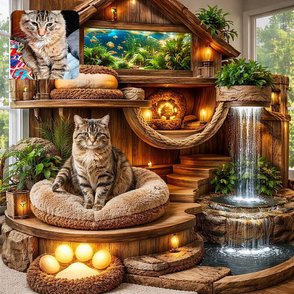 A fluffy tabby gives a world-weary, regal glare — part lion, part grumpy professor — perched on a bed with a colorful blanket. Whiskers splayed, ears alert, and fur fully fluffed, the cat dominates the frame while a softly blurred bedroom background keeps the focus on this dignified floof.