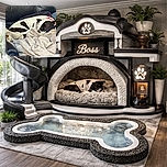 A cozy black and white dog curled up peacefully on a dark leather couch, nestled among soft beige blankets, looking like the ultimate nap champion in a comfy fortress.