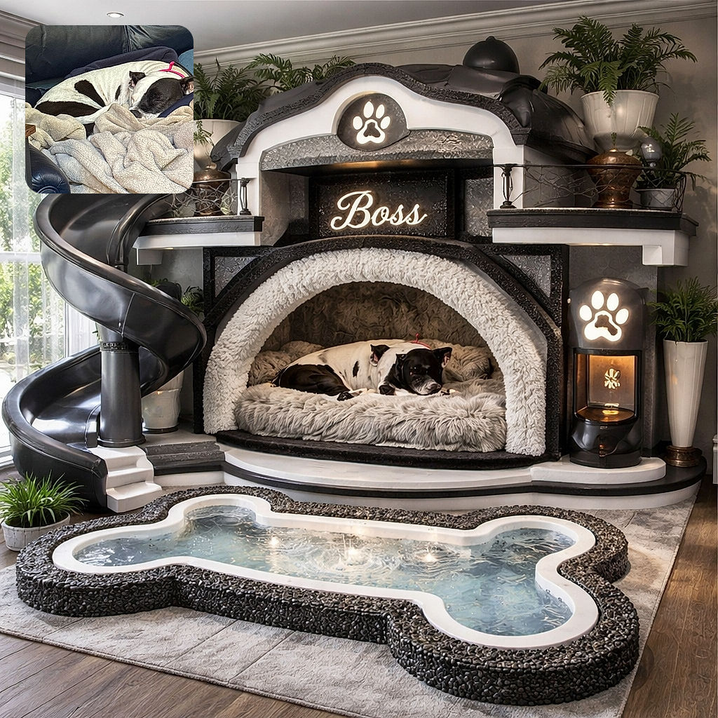 A cozy black and white dog curled up peacefully on a dark leather couch, nestled among soft beige blankets, looking like the ultimate nap champion in a comfy fortress.