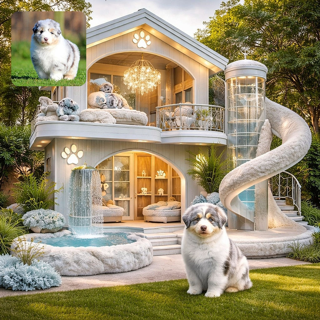 A marshmallow-on-legs merle puppy waddles toward the camera with a tiny pink nose and soulful eyes — fluffy fur catching the soft sunlight while the background melts into a pleasant blur of grass and fence. Cute overload and pure backyard charm.