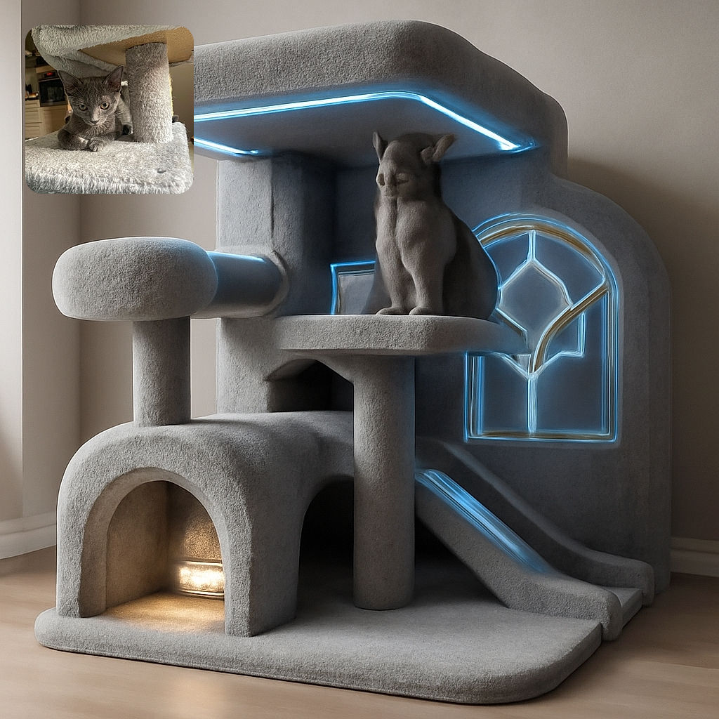 A curious gray kitten lounges on a soft, fuzzy cat tree platform, peeking out with alert eyes and delicate paws tucked beneath its body, basking in warm indoor light with a cozy kitchen background.