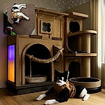 A curious black and white cat wearing a tan harness lies on a brown carpet, gazing up with wide eyes. Nearby, a spray bottle of cleaning product adds a splash of color to the cozy indoor scene.