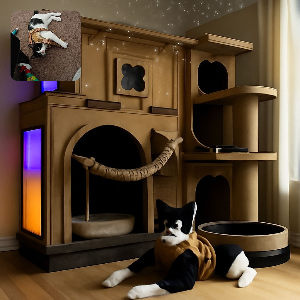 A curious black and white cat wearing a tan harness lies on a brown carpet, gazing up with wide eyes. Nearby, a spray bottle of cleaning product adds a splash of color to the cozy indoor scene.