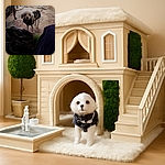 A small white dog wearing a cozy black and white sweater stands on a floral patterned carpet, surrounded by a cozy indoor setting with furniture and a cat scratching post in the background. The dog's tail is wagging, adding a lively touch to this warm, homely scene.