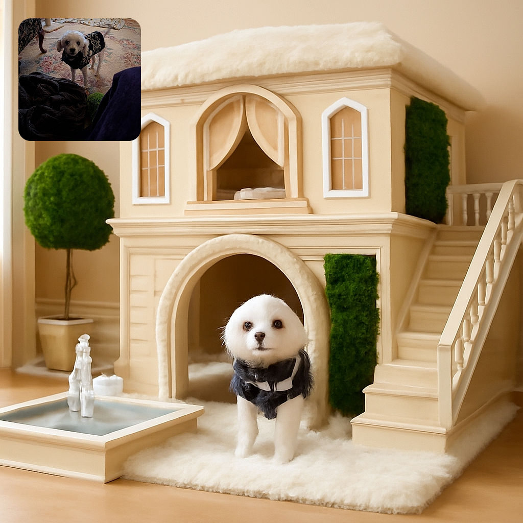 A small white dog wearing a cozy black and white sweater stands on a floral patterned carpet, surrounded by a cozy indoor setting with furniture and a cat scratching post in the background. The dog's tail is wagging, adding a lively touch to this warm, homely scene.
