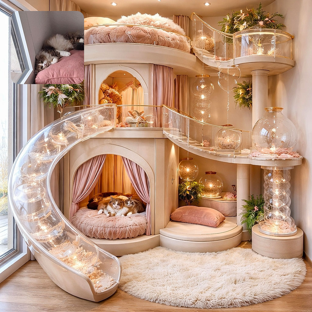 A fluffy floof has claimed the corner pillow as its throne — wide green eyes peeking at the camera while one paw menacingly guards nap territory. Cozy, smug, and 100% plotting to interrupt your Zoom call.