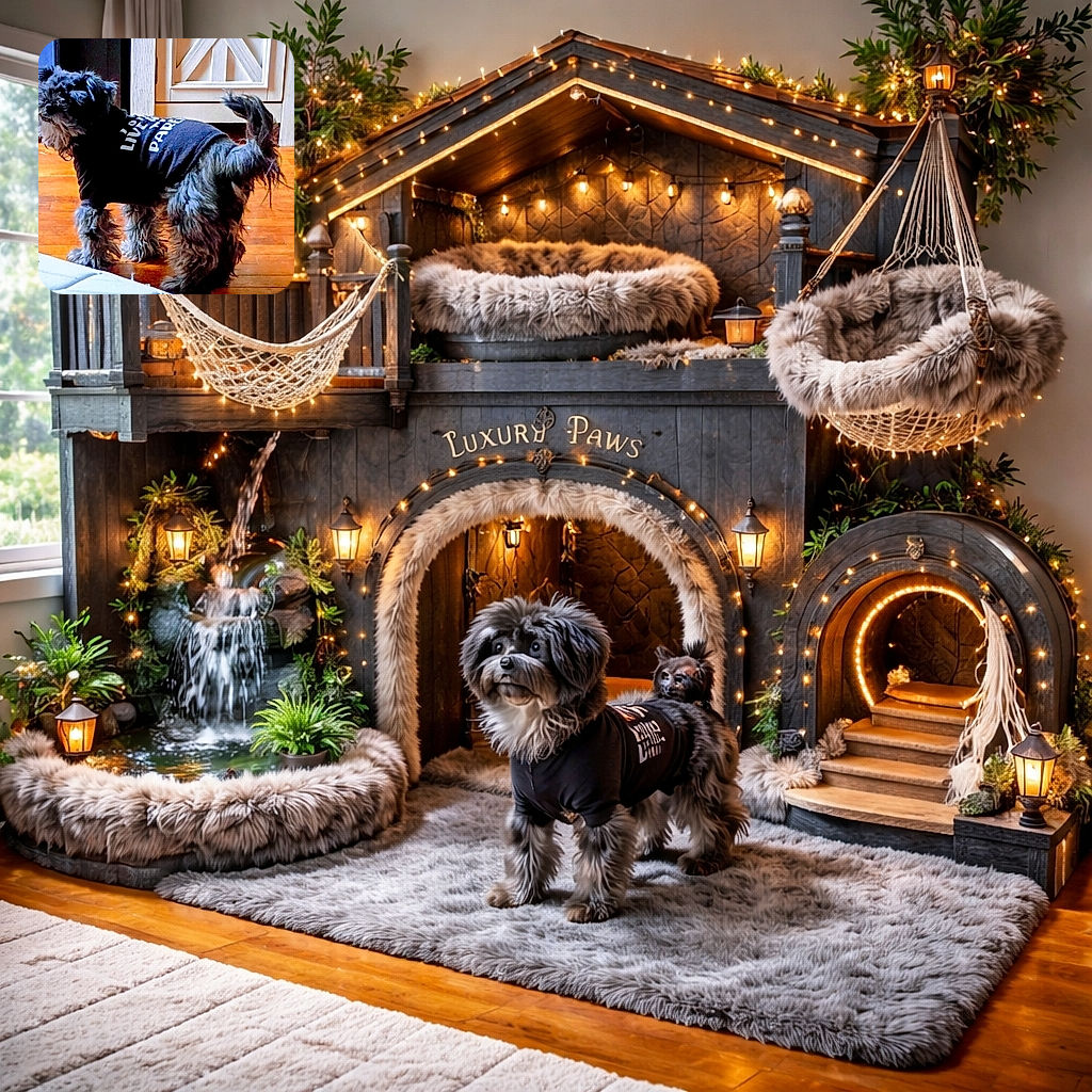 A scruffy little black dog in a tiny sweater poses like it owns the hardwood floor — shirt sporting chunky white letters, tail held high, and a perpetually bemused face peeking toward the camera with fuzzy ears and mop-like fur.