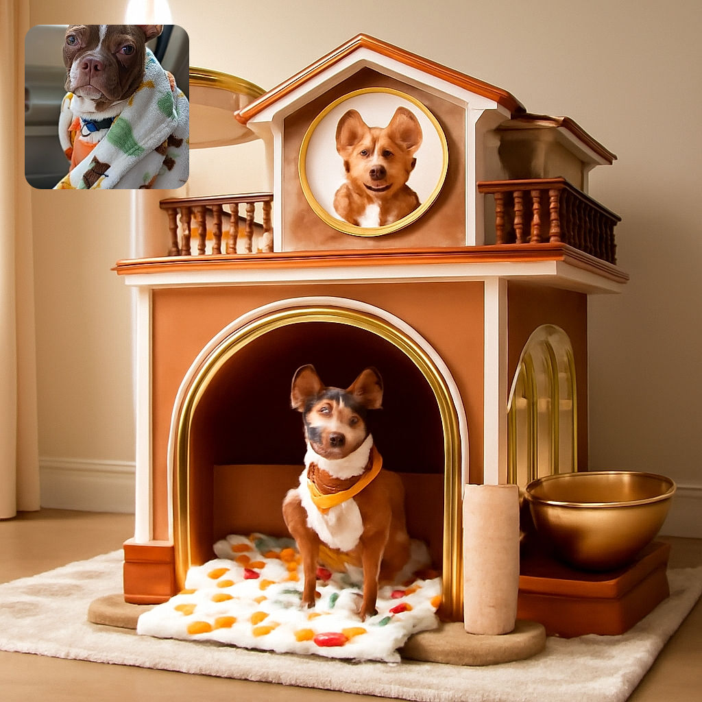 A serious-faced dog wrapped snugly in a colorful, patterned blanket sits in what appears to be a car, looking like it's ready for a cozy road trip or just plotting its next nap.