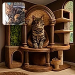 A regal tabby cat lounges comfortably on a cozy cat tree by the window, basking in the soft natural light with a slightly smug expression as if it owns the place.