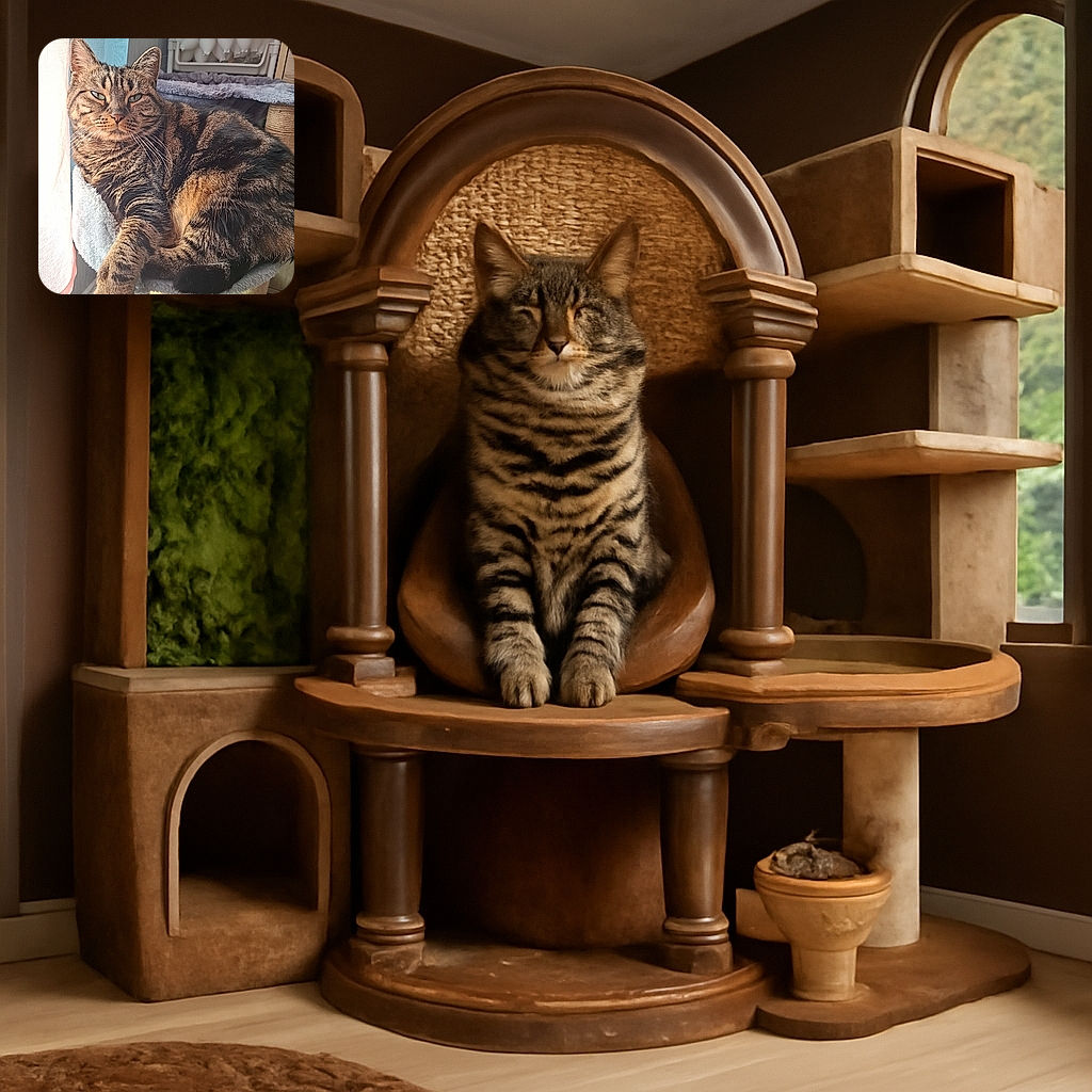 A regal tabby cat lounges comfortably on a cozy cat tree by the window, basking in the soft natural light with a slightly smug expression as if it owns the place.