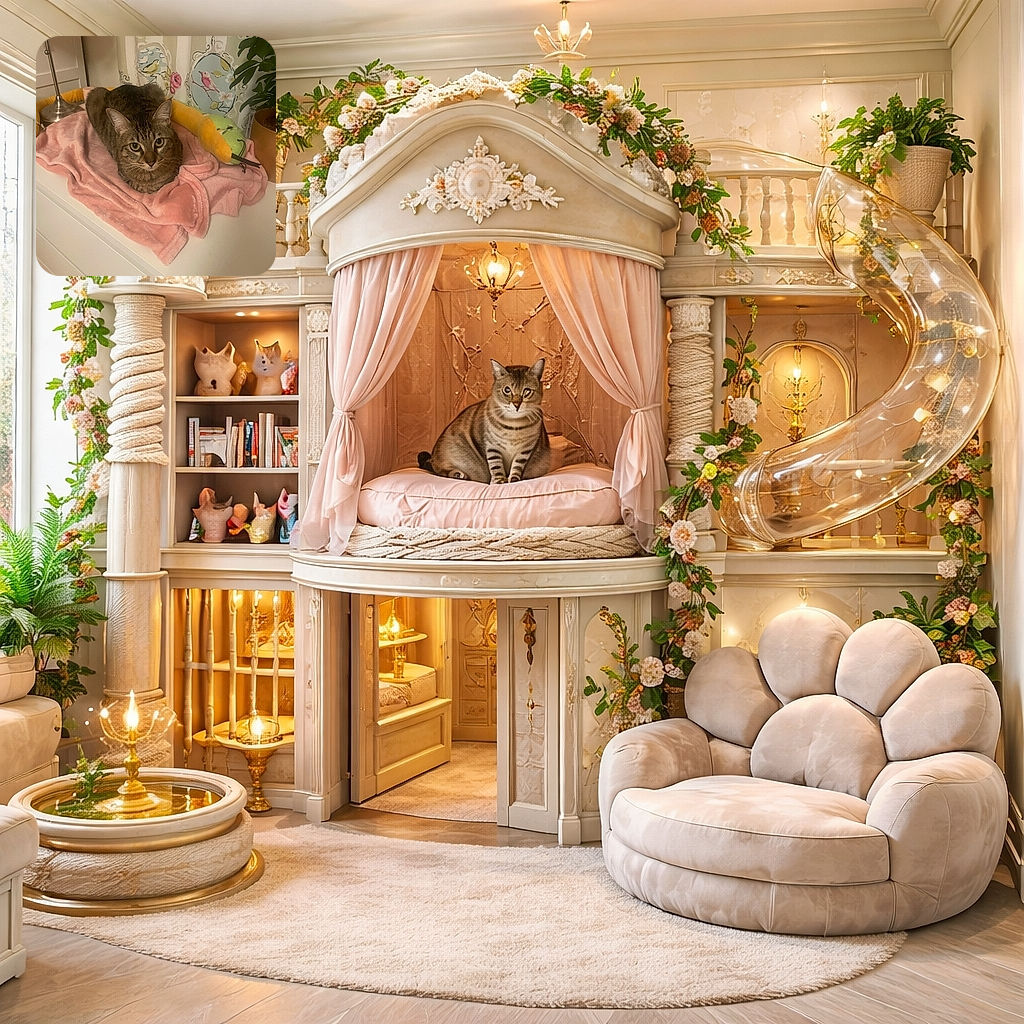 A cozy tabby cat is perched on a soft pink blanket atop a white dresser, surrounded by a colorful snake plush toy, a plant in a pot, and a lamp with a flower-shaped shade. The background features a curtain with bird illustrations, creating a warm and charming indoor scene.