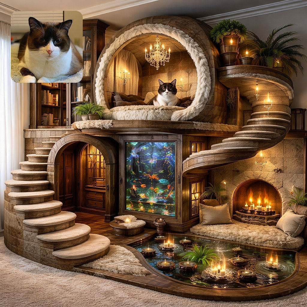 A dignified, slightly grumpy cat loafs on a soft blanket like it owns the place — wide-set whiskers, pink nose, and soulful eyes stare straight at the camera while blinds provide a mellow background bokeh.