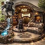 A soulful big gray dog with striking blue eyes lies on a wooden floor looking up with a mix of curiosity and slight sadness, framed by a rustic, slightly worn doorway.