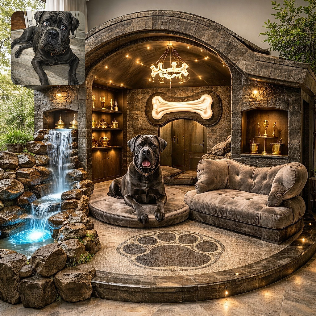 A soulful big gray dog with striking blue eyes lies on a wooden floor looking up with a mix of curiosity and slight sadness, framed by a rustic, slightly worn doorway.