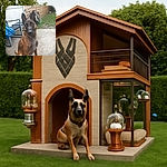 A serious-looking Belgian Malinois dog sits attentively on a concrete patio, with a wooden fence, a bicycle, and some garden chairs in the background, ready for a command or maybe just waiting for a treat.