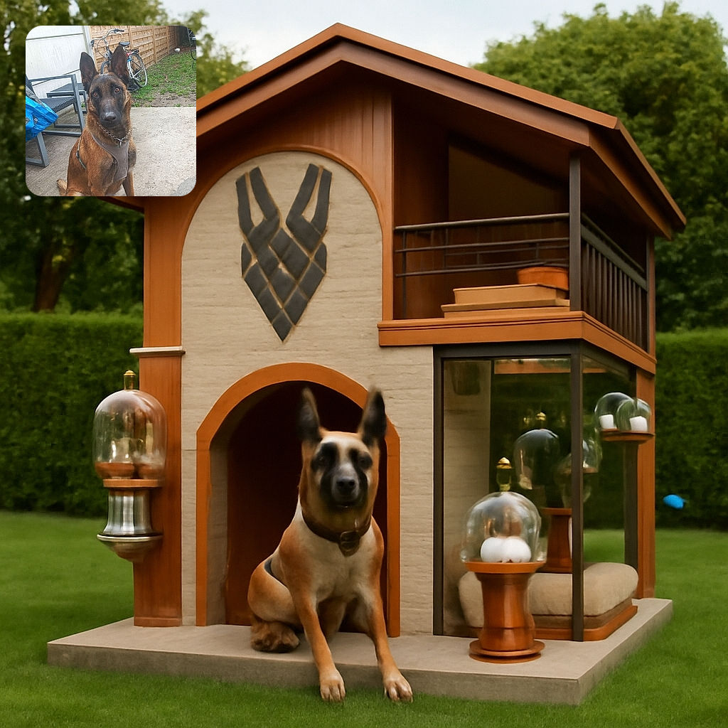A serious-looking Belgian Malinois dog sits attentively on a concrete patio, with a wooden fence, a bicycle, and some garden chairs in the background, ready for a command or maybe just waiting for a treat.