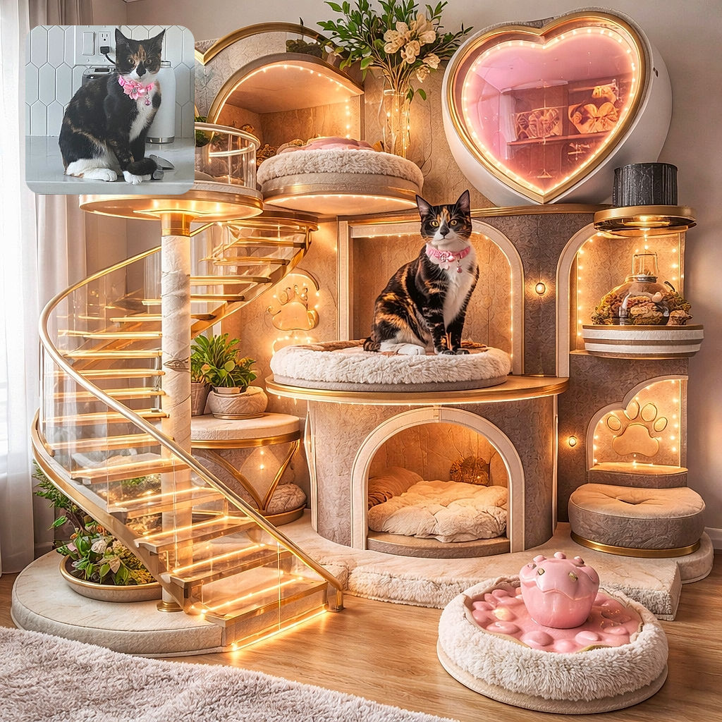 A sassy calico kitten in a pink flower collar has claimed the kitchen counter as her throne, sitting between a toaster and a jar and staring like she personally installed the outlet — bell and whiskers on full display.