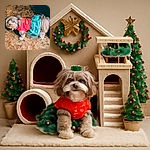 A fluffy little dog dressed in a festive red and green outfit stands on a textured floor, holding a biscuit in its mouth and looking curiously at the camera like it's ready for a holiday party or a sneaky snack.