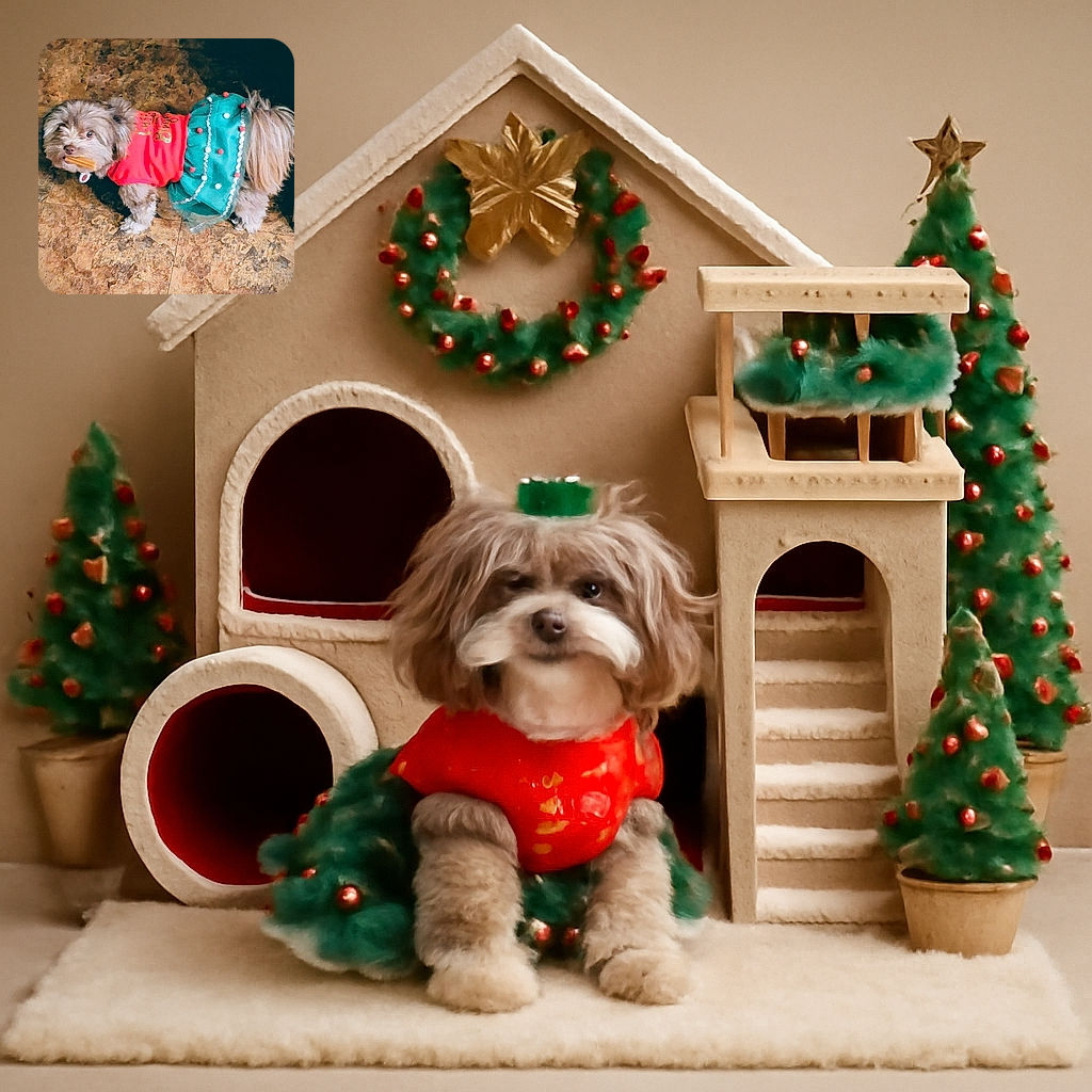 A fluffy little dog dressed in a festive red and green outfit stands on a textured floor, holding a biscuit in its mouth and looking curiously at the camera like it's ready for a holiday party or a sneaky snack.