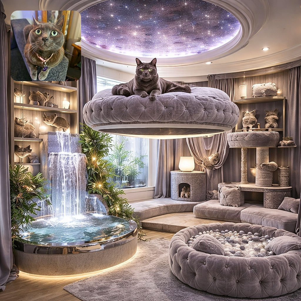 A wide-eyed gray cat stares up like it just heard the word 'treat' — whiskers forward, pink collar and tag on display, perched on the arm of a couch with a cozy living-room cabinet blurred behind it.