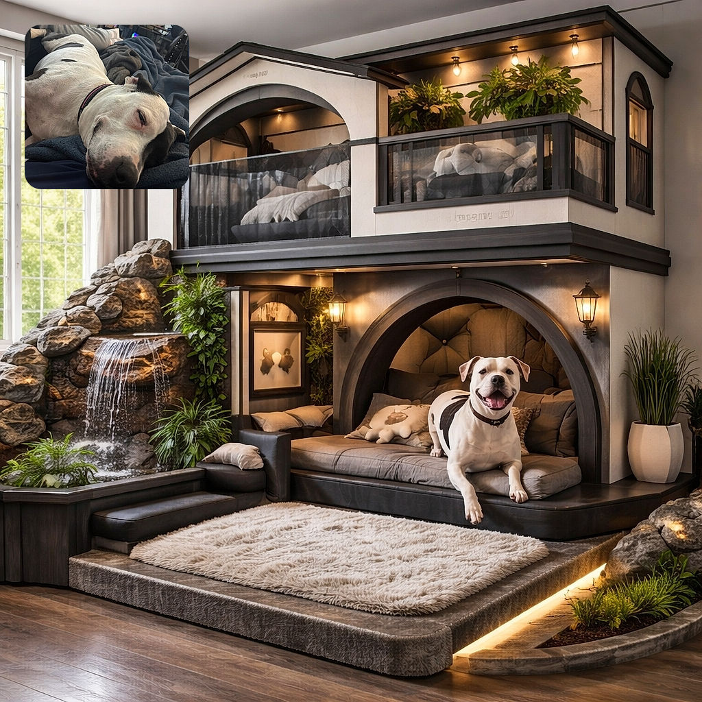 A content dog with black and white fur is cozily napping on a bed covered with a blue blanket, surrounded by a relaxed home setting featuring furniture and a TV in the background.