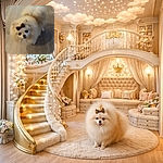 A gloriously fluffy Pomeranian stares up like a tiny, bow-wearing emperor demanding snacks — velvet eyes, a leopard-print bow, and a tail shaped like a cloud on a wood floor runway.