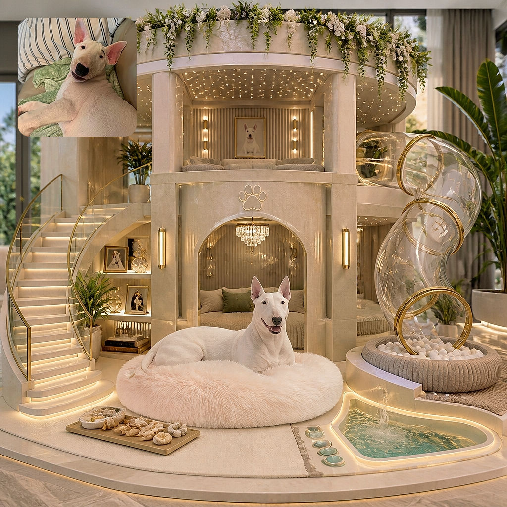 A hilariously oversized-eared dog lounges on a bed like a pink-nosed royal who has just discovered the camera and decided to grant it one dramatic, upside-down smirk. Striped pillows and a green blanket create a cozy bedroom throne.