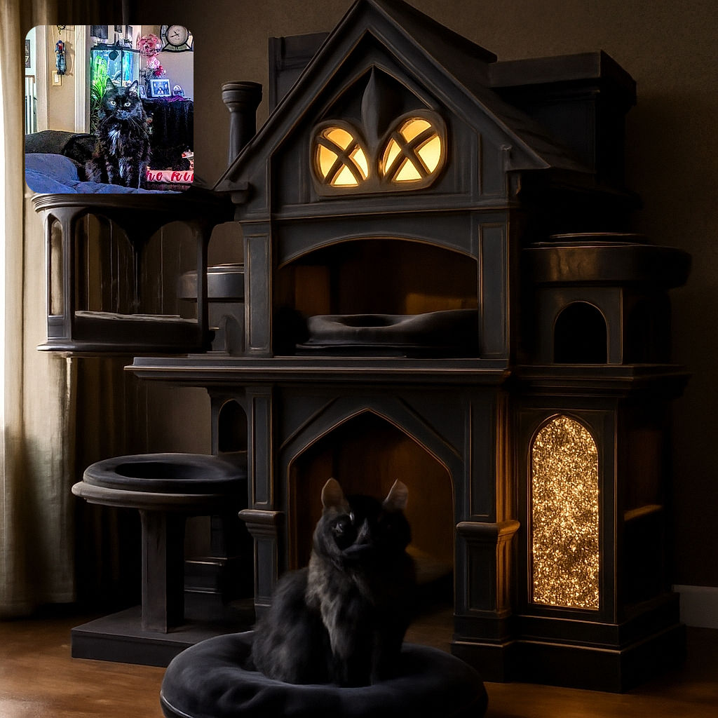A majestic black cat with a white patch on its chest sits attentively on a bed in a cozy living room filled with various decorations, including a fish tank glowing with blue light and framed photos on a table, creating a warm and homey atmosphere.