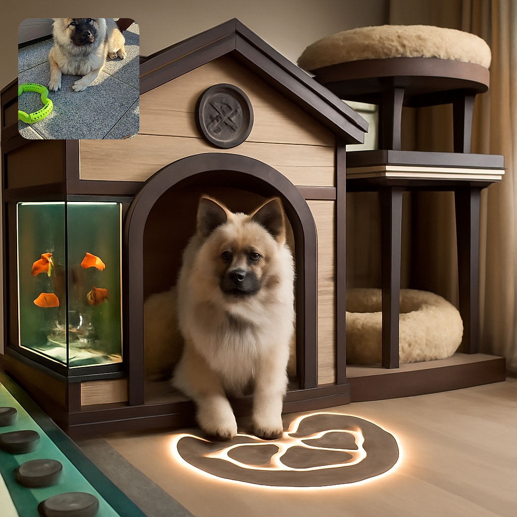 A fluffy dog lounges on a sunlit stone patio next to a bright green chew toy, looking curiously at the camera with a soft expression and ears perked up.
