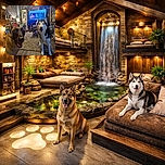 Two excited dogs, one blurry and close to the camera and the other clear and happy, stand in a cozy living room filled with quirky decorations, a TV screen displaying a colorful program, and a fluffy rug underfoot.