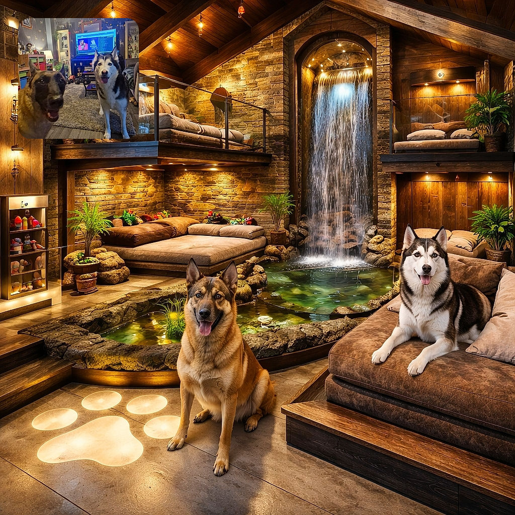 Two excited dogs, one blurry and close to the camera and the other clear and happy, stand in a cozy living room filled with quirky decorations, a TV screen displaying a colorful program, and a fluffy rug underfoot.