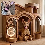 A close-up photo of a happy dog with large ears and a wide smile, tongue out, sitting comfortably on a couch with a blurred background featuring wall art and furniture.