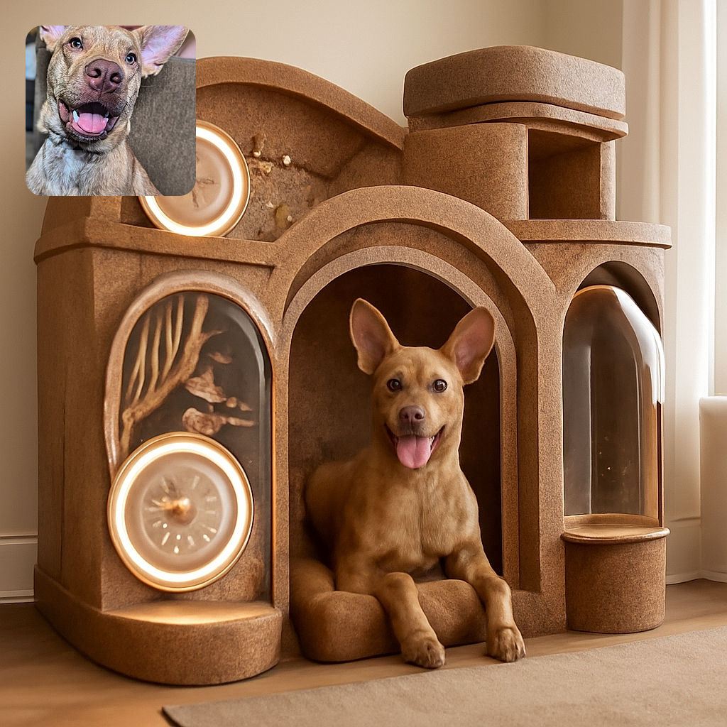 A close-up photo of a happy dog with large ears and a wide smile, tongue out, sitting comfortably on a couch with a blurred background featuring wall art and furniture.