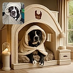 A charming dog wrapped snugly in a fluffy beige blanket with a hood, looking straight at the camera with soulful eyes, making it look like a cozy little wizard of warmth in a rustic indoor setting.