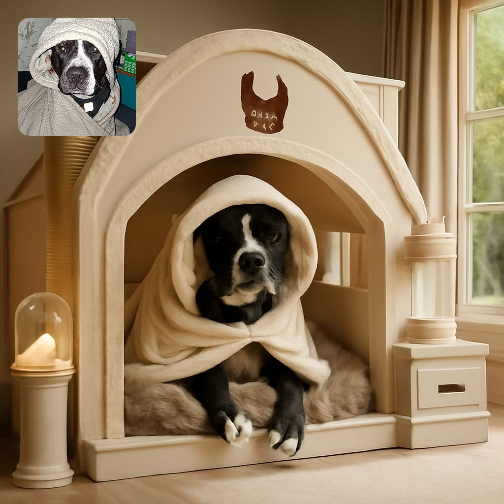 A charming dog wrapped snugly in a fluffy beige blanket with a hood, looking straight at the camera with soulful eyes, making it look like a cozy little wizard of warmth in a rustic indoor setting.