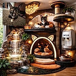 A close-up shot of a tortoiseshell cat with large, curious eyes lying on a textured carpet, with a kitchen and furniture visible in the background. The cat's face is the main focus, creating an intimate and slightly quirky perspective.