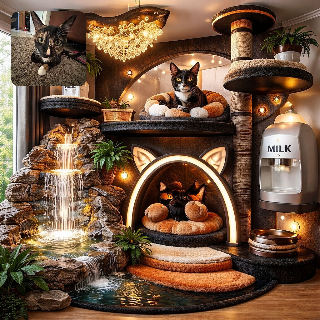 A close-up shot of a tortoiseshell cat with large, curious eyes lying on a textured carpet, with a kitchen and furniture visible in the background. The cat's face is the main focus, creating an intimate and slightly quirky perspective.